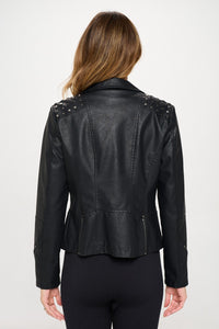 Thumbnail for Coalition LA Studded Classic Moto Faux Leather Jacket