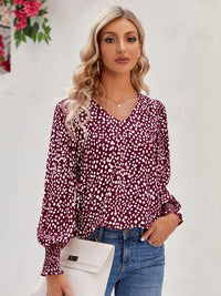 Thumbnail for Printed V-Neck Lantern Sleeve Blouse