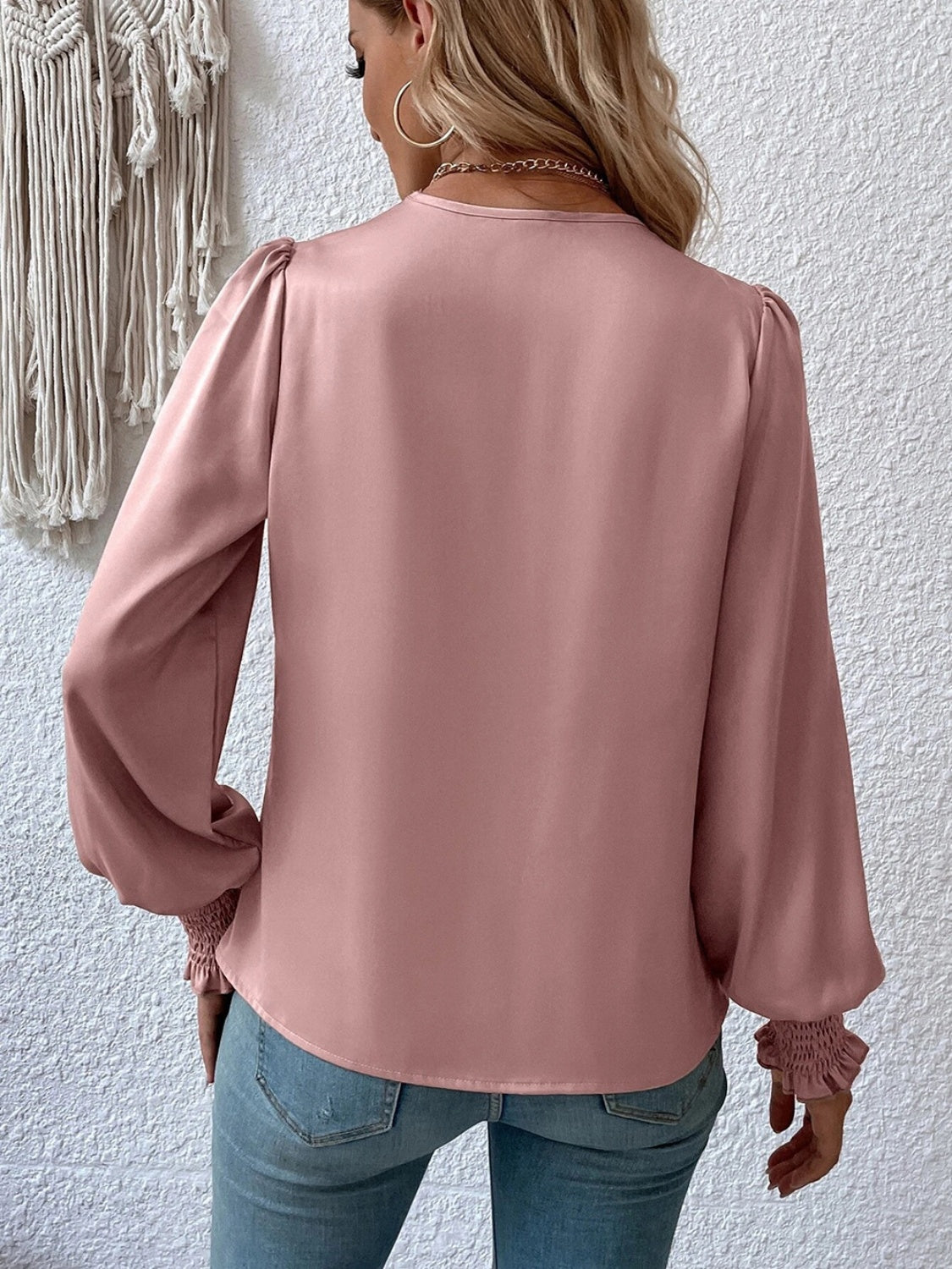 Surplice Smocked Lantern Sleeve Blouse