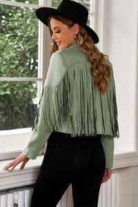 Thumbnail for Fringe Trim Lapel Collar Cropped Blazer