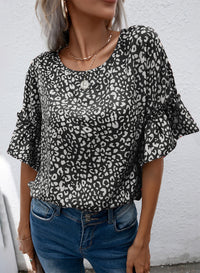 Thumbnail for Leopard Round Neck Frill Trim Blouse