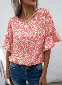 Thumbnail for Leopard Round Neck Frill Trim Blouse