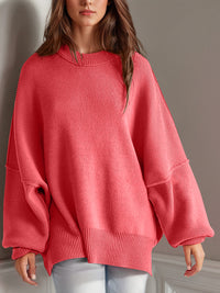 Thumbnail for Double Take Side Slit Round Neck Long Sleeve Sweater