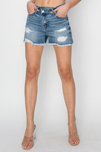 Thumbnail for RISEN Stepped Waist Frayed Denim Shorts