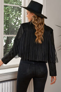 Thumbnail for Fringe Trim Lapel Collar Cropped Blazer