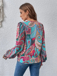 Thumbnail for Printed Surplice Smocked Lantern Sleeve Blouse