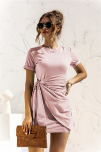 Thumbnail for Round Neck Cuffed Sleeve Side Tie Dress