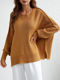 Thumbnail for Exposed Seam Dropped Shoulder Slit Sweater