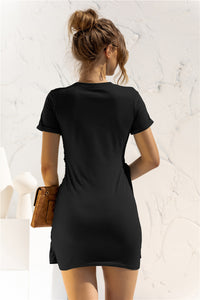 Thumbnail for Round Neck Cuffed Sleeve Side Tie Dress