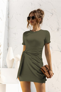 Thumbnail for Round Neck Cuffed Sleeve Side Tie Dress