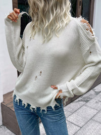 Thumbnail for Distressed High Neck Cold-Shoulder Sweater