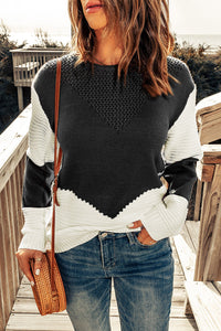 Thumbnail for Two-Tone Openwork Rib-Knit Sweater