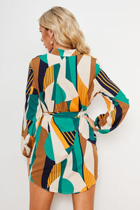 Thumbnail for Geometric Print Belted Curved Hem Dress