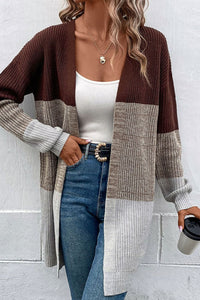 Thumbnail for Color Block Open Front Rib-Knit Longline Cardigan