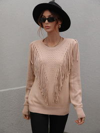 Thumbnail for Fringe Detail Ribbed Trim Sweater