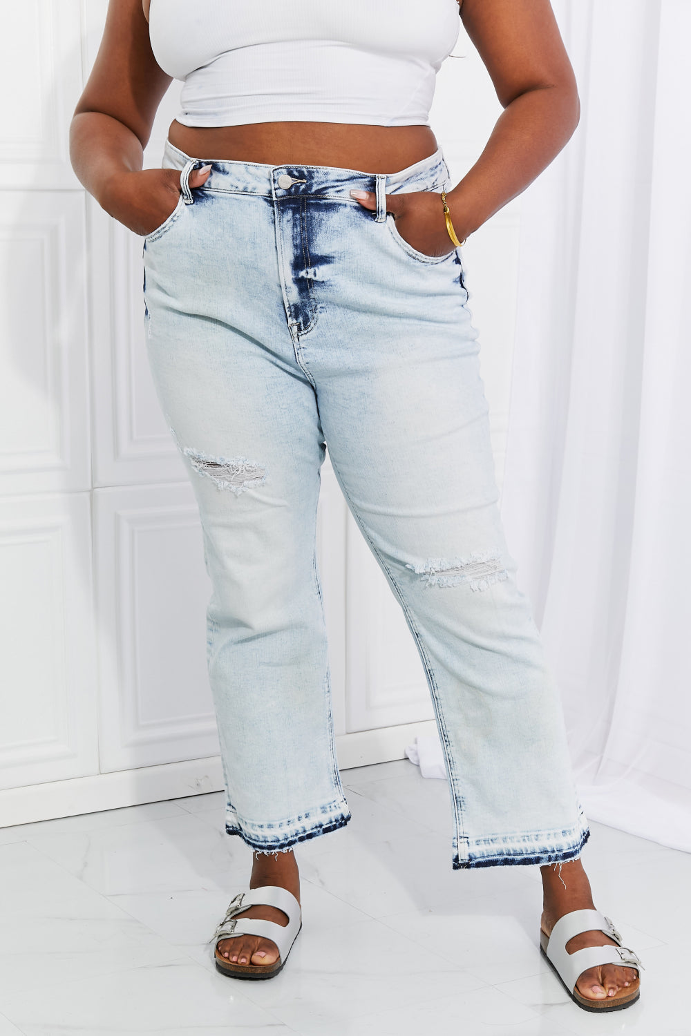 RISEN Full Size Acid Wash Crop Straight Jeans