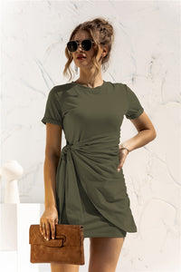 Thumbnail for Round Neck Cuffed Sleeve Side Tie Dress