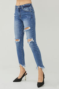 Thumbnail for RISEN Distressed Frayed Hem Slim Jeans