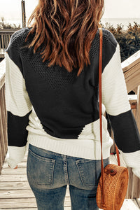 Thumbnail for Two-Tone Openwork Rib-Knit Sweater