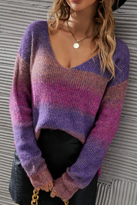 Thumbnail for Multicolored Rib-Knit V-Neck Knit Pullover