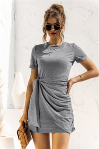 Thumbnail for Round Neck Cuffed Sleeve Side Tie Dress