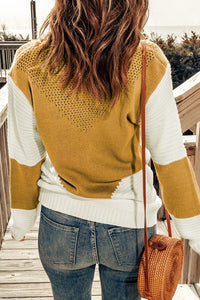 Thumbnail for Two-Tone Openwork Rib-Knit Sweater