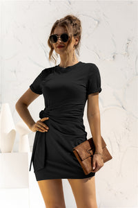 Thumbnail for Round Neck Cuffed Sleeve Side Tie Dress