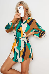 Thumbnail for Geometric Print Belted Curved Hem Dress