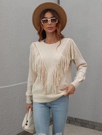 Thumbnail for Fringe Detail Ribbed Trim Sweater