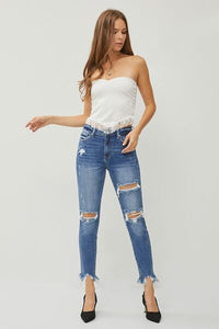 Thumbnail for RISEN Distressed Frayed Hem Slim Jeans