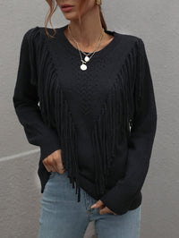 Thumbnail for Fringe Detail Ribbed Trim Sweater