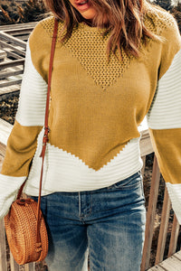 Thumbnail for Two-Tone Openwork Rib-Knit Sweater