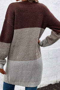 Thumbnail for Color Block Open Front Rib-Knit Longline Cardigan