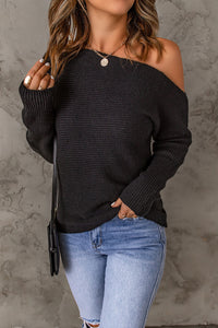 Thumbnail for Horizontal Ribbing One-Shoulder Sweater