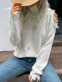 Thumbnail for Distressed High Neck Cold-Shoulder Sweater