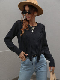 Thumbnail for Fringe Detail Ribbed Trim Sweater