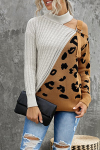 Thumbnail for Leopard  Block Turtleneck Sweater