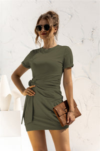 Thumbnail for Round Neck Cuffed Sleeve Side Tie Dress