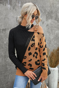 Thumbnail for Leopard  Block Turtleneck Sweater