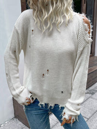 Thumbnail for Distressed High Neck Cold-Shoulder Sweater