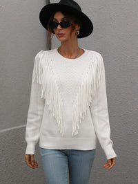 Thumbnail for Fringe Detail Ribbed Trim Sweater