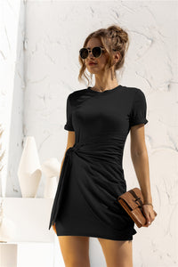 Thumbnail for Round Neck Cuffed Sleeve Side Tie Dress