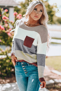 Thumbnail for Color Block Drop Shoulder Round Neck Sweater