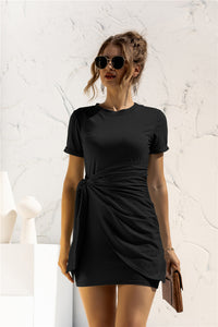 Thumbnail for Round Neck Cuffed Sleeve Side Tie Dress