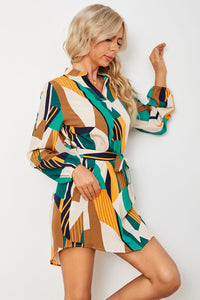 Thumbnail for Geometric Print Belted Curved Hem Dress