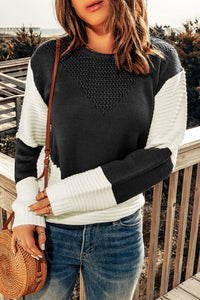 Thumbnail for Two-Tone Openwork Rib-Knit Sweater